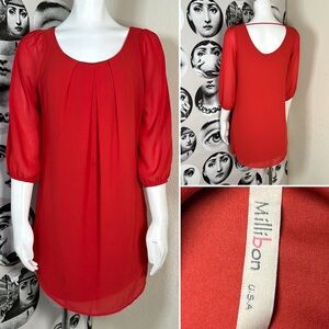 Millibon Red Orange Crepe Tunic Top w/ Sheer 3/4 Sleeves, Sz S